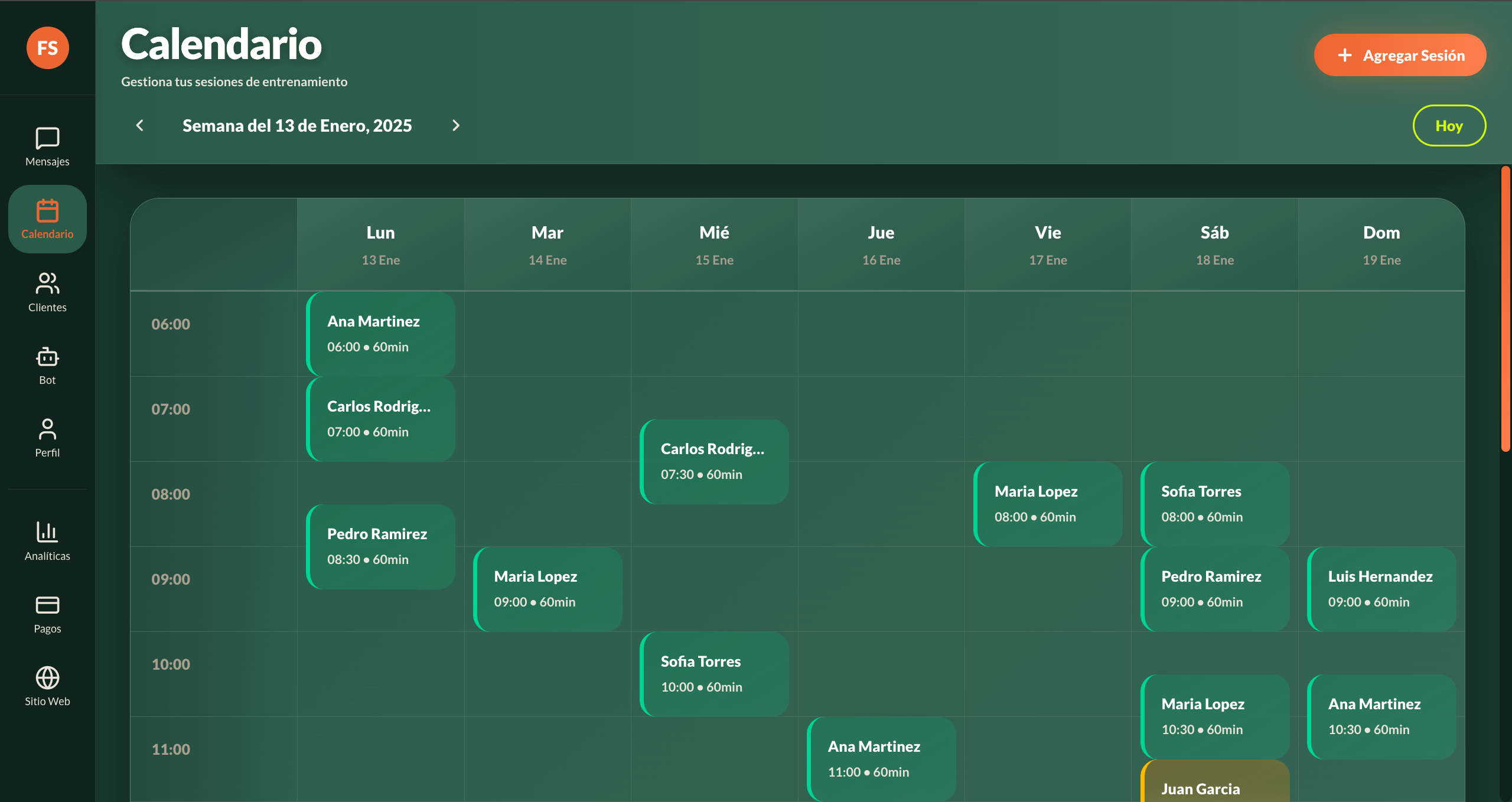 Calendario automatizado FitSalmon - Sistema inteligente de programación de sesiones con recordatorios automáticos y sincronización para entrenadores personales