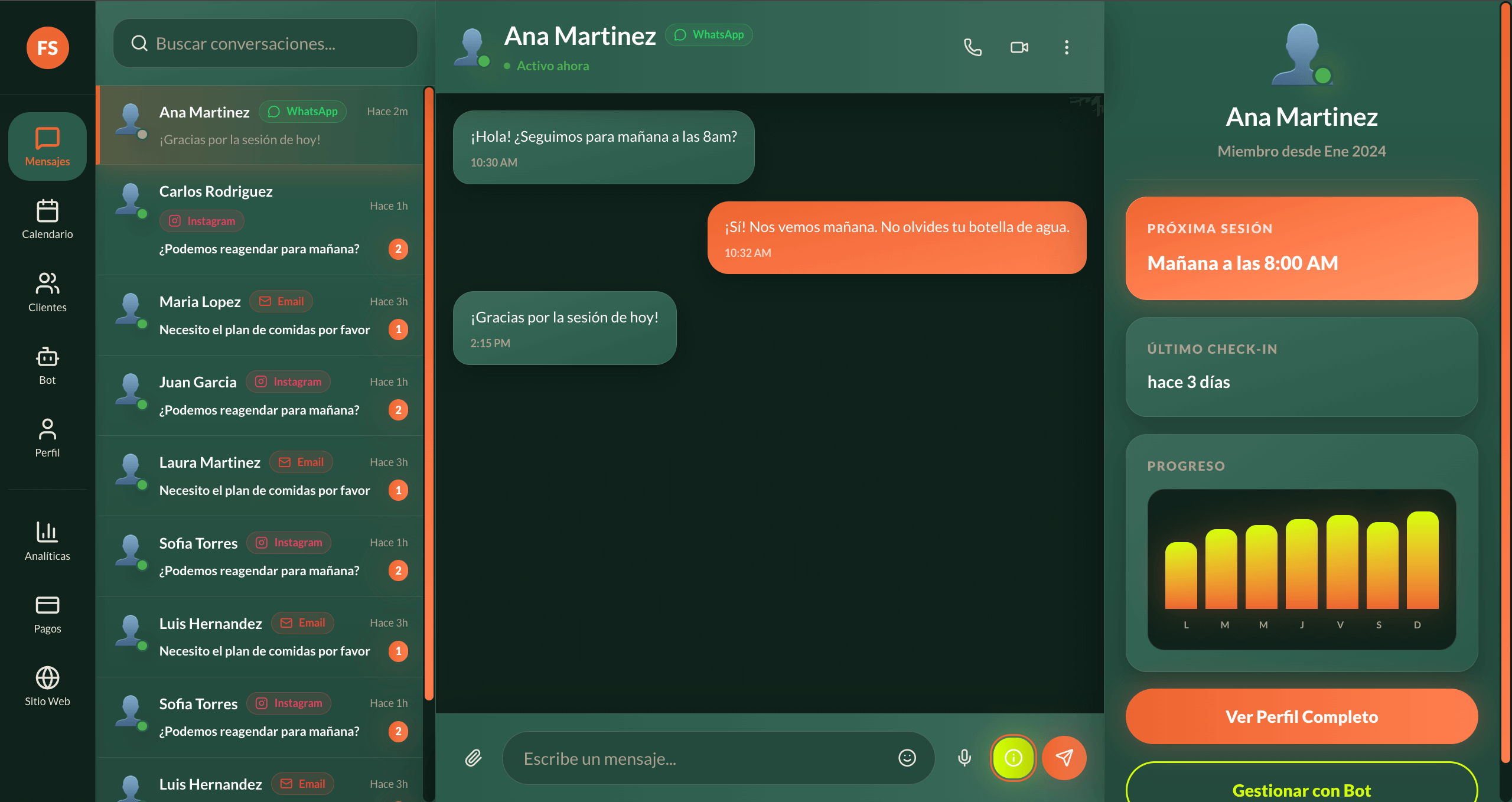 Bandeja de entrada inteligente FitSalmon - Mensajería unificada con WhatsApp, Instagram y Gmail integrados con automatización IA para entrenadores